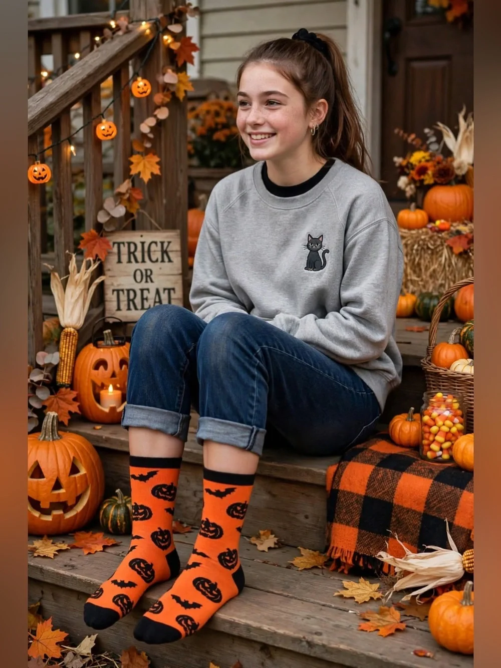 Veachog Halloween Socks - Women & Men Pumpkin and Bat Spooky holiday theme socks
